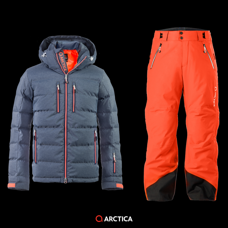 Arctica Classic Down Jacket in Denim /Tangerine and Side Zip 2.0 pants in Tangerine.