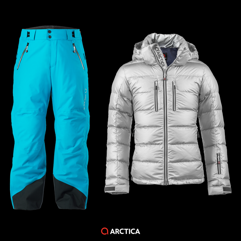 Arctica Classic Down jacket in Silver with 2.0 side zip pants in sky.