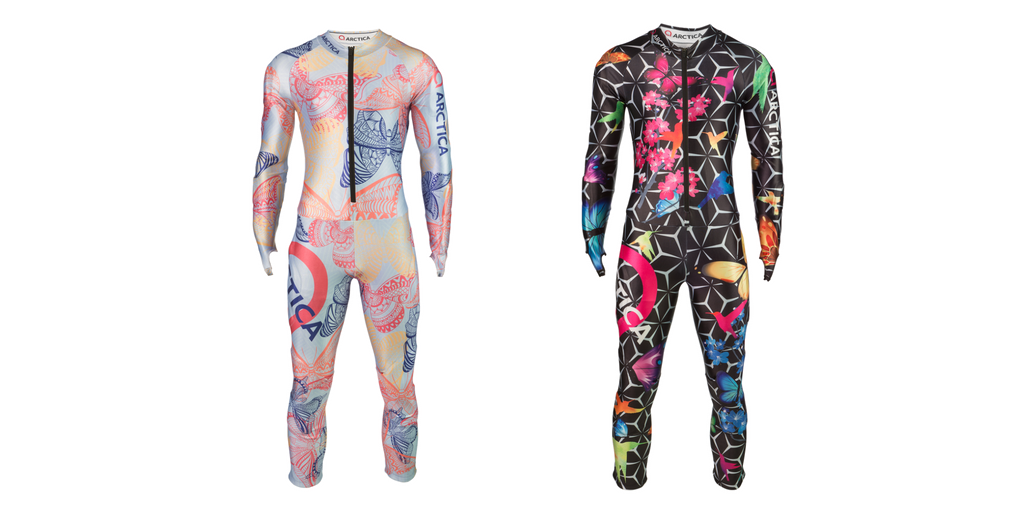 Two female specific Arctica GS Speed Suits for the 2018-19 season are the Butterfly and Hummingbird. ski racing suits