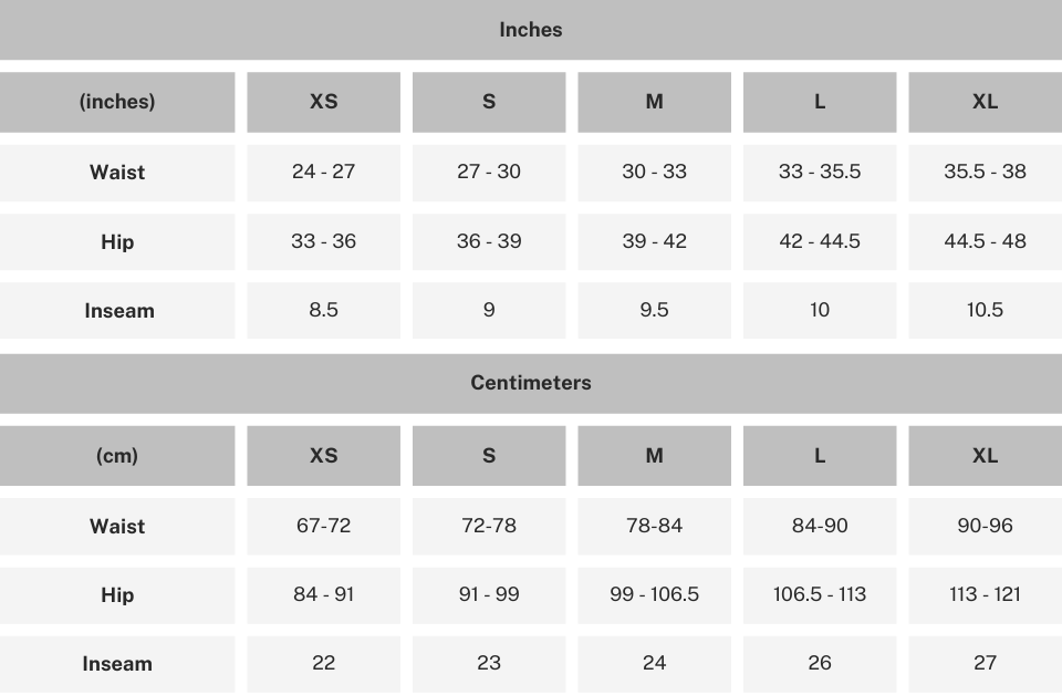 arctica shorts size chart