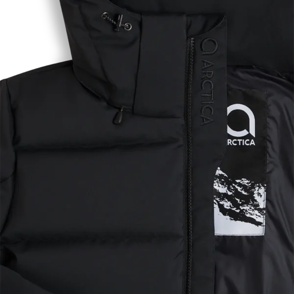 Collar close-up of the Arctica Women’s 416 Classic Down Jacket in Black unzipped to show the tonal placket logo.