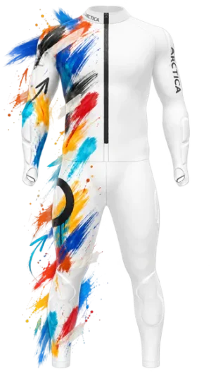 Front view of the Arctica custom ski race suit in white with a multicolor paint splash print on a white background.