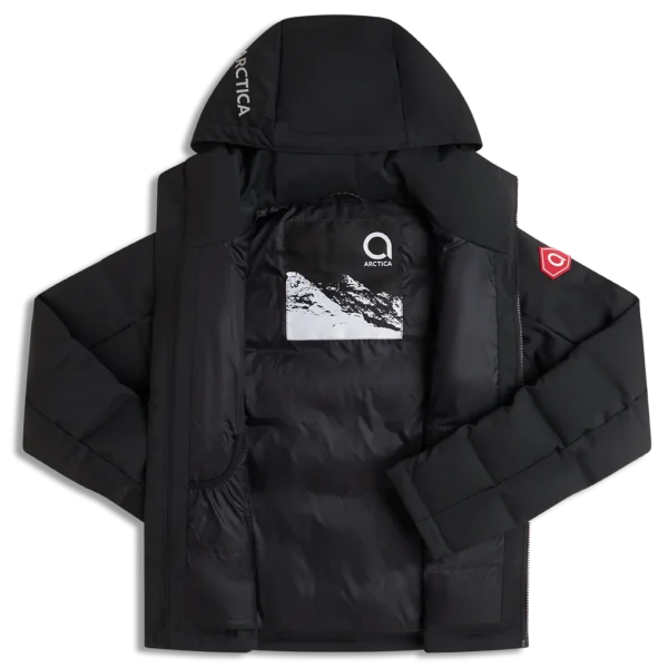 Interior view of the Arctica Men's 416 Classic Down Jacket in Black showing the lining and mountain label.