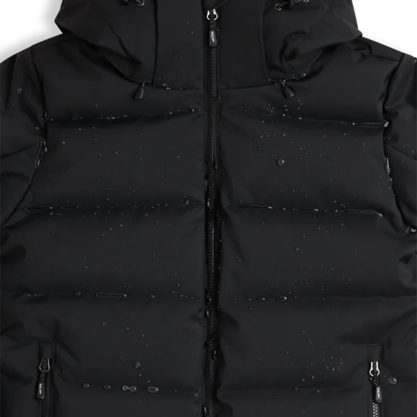 Close-up of water droplets beading on the shell fabric of the Arctica Men's 416 Classic Down Jacket in Black.