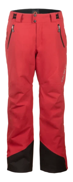 Front view of the Arctica Side Zip Ski Pants 2.0 in Deep Red with zip hand pockets and black scuff guards.