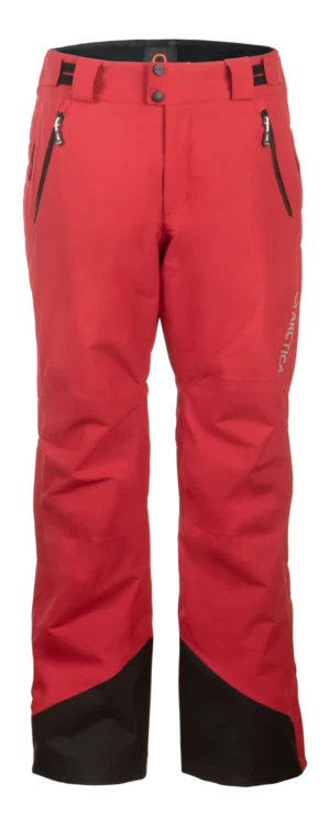Front view of the Arctica Side Zip Ski Pants 2.0 in Deep Red with zip hand pockets and black scuff guards.