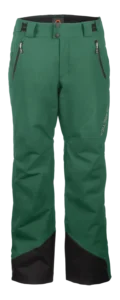 Front view of the Arctica Side Zip Ski Pants 2.0 in Evergreen with zip hand pockets and black scuff guards.