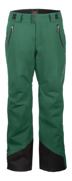Front view of the Arctica Side Zip Ski Pants 2.0 in Evergreen with zip hand pockets and black scuff guards.