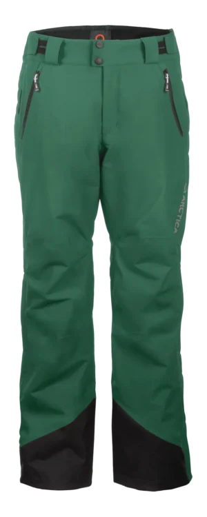 Front view of the Arctica Side Zip Ski Pants 2.0 in Evergreen with zip hand pockets and black scuff guards.