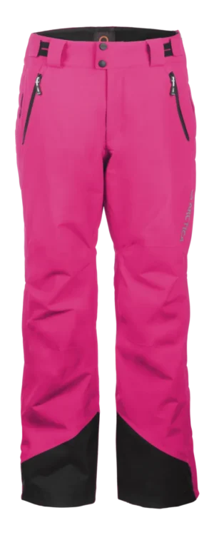 Front view of the Arctica Side Zip Ski Pants 2.0 in Hot Pink with zip hand pockets and black scuff guards.