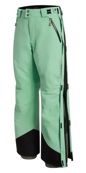 Angled front view of the Arctica Adult Side Zip Pants 2.0 in Mint with the full side zip open.