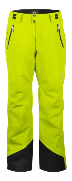 Front view of the Arctica Side Zip Ski Pants 2.0 in Optic Yellow with zip hand pockets and black scuff guards.
