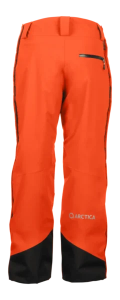 Back view of the Arctica Side Zip Ski Pants 2.0 in Tangerine showing the zip back pocket and leg logo.