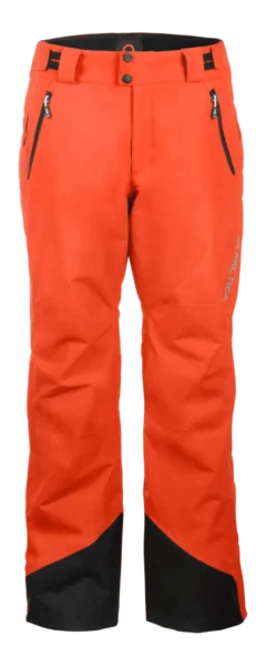 Front view of the Arctica Side Zip Ski Pants 2.0 in Tangerine with zip hand pockets and black scuff guards.