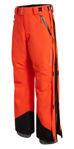 Angled front view of the Arctica Adult Side Zip Pants 2.0 in Volcano with the full side zip open.