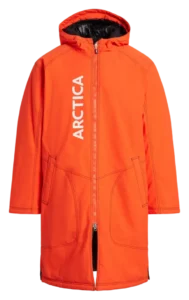 Front view of the Arctica A Team Warm Up Coat in Volcano/White with the vertical Arctica logo and full-length zip.