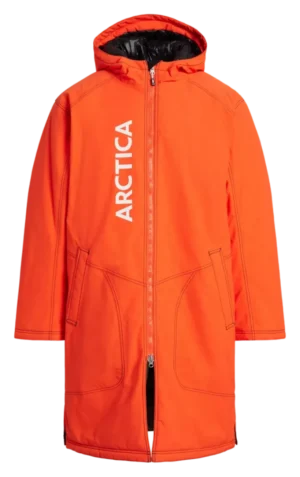 Front view of the Arctica A Team Warm Up Coat in Volcano/White with the vertical Arctica logo and full-length zip.