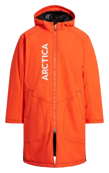 Front view of the Arctica A Team Warm Up Coat in Volcano/White with the vertical Arctica logo and full-length zip.