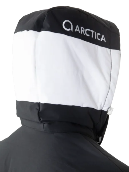Close-up of the raised hood on the Arctica Adult Sonic Ski Jacket in Black, showing the Arctica logo.