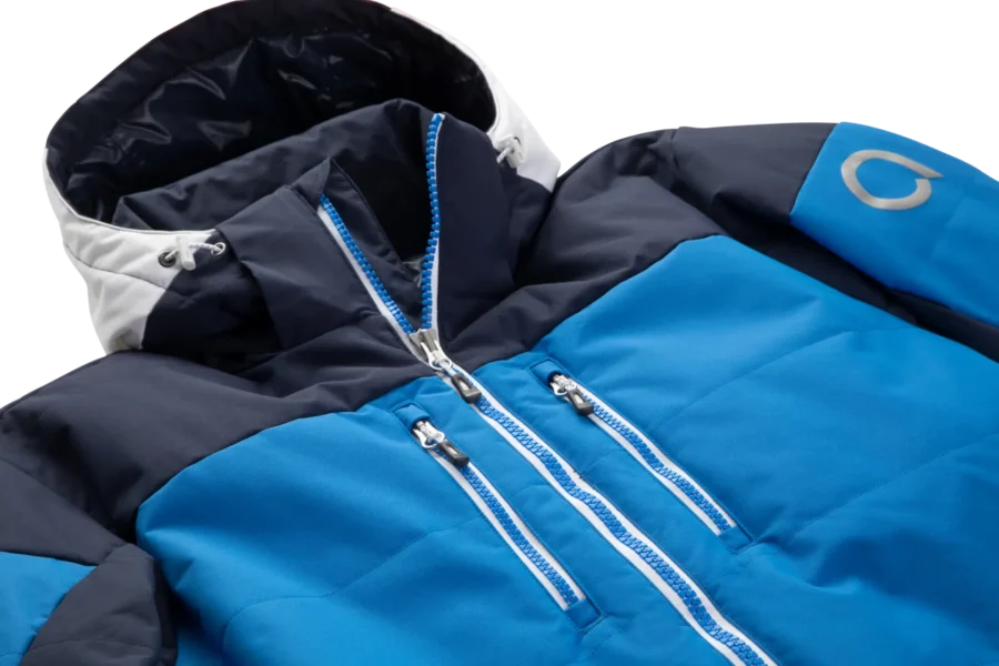 Close-up of the front zipper and two chest zip pockets on the Arctica Adult Sonic Ski Jacket in Midnight.