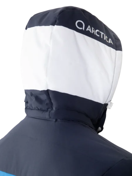 Close-up of the raised hood on the Arctica Adult Sonic Ski Jacket in Midnight, showing the Arctica logo.