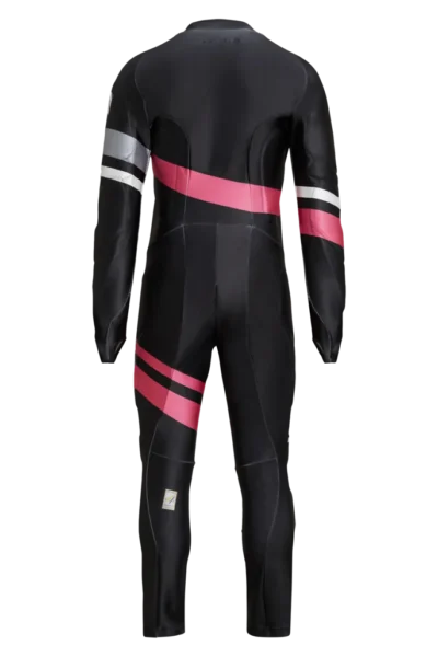 Back view of the Arctica Zenith GS Suit in Black with diagonal pink stripes across the back and thigh.