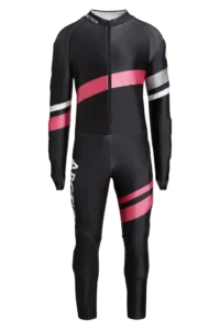 Front view of the Arctica Zenith GS Suit in Black with diagonal pink, white and gray stripes.
