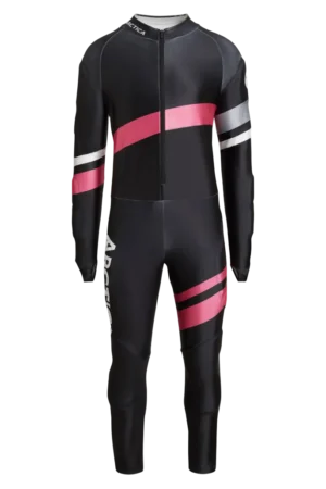 Front view of the Arctica Zenith GS Suit in Black with diagonal pink, white and gray stripes.