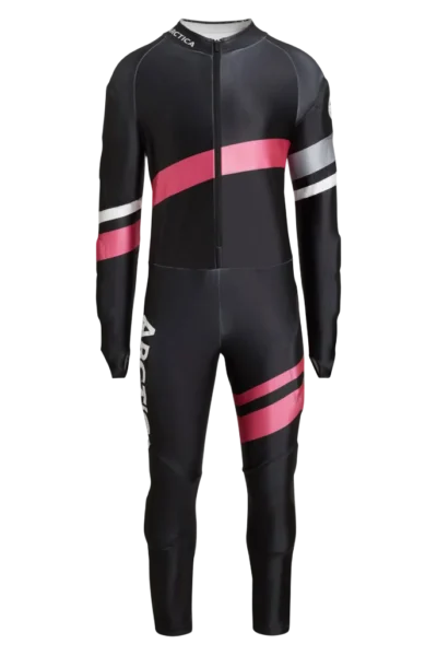 Front view of the Arctica Zenith GS Suit in Black with diagonal pink, white and gray stripes.