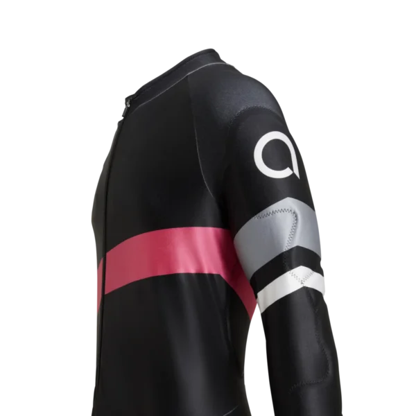 Close-up of the white Arctica logo and gray and white bands on the sleeve of the Arctica Zenith GS Suit in Black.