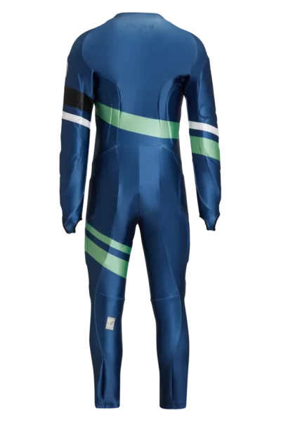 Back view of the Arctica Zenith GS Suit in Midnight with diagonal green stripes across the back and thigh.