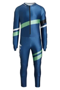 Front view of the Arctica Zenith GS Suit in Midnight with diagonal green, white and black stripes.
