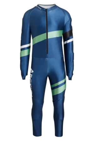 Front view of the Arctica Zenith GS Suit in Midnight with diagonal green, white and black stripes.