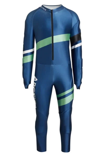 Front view of the Arctica Zenith GS Suit in Midnight with diagonal green, white and black stripes.