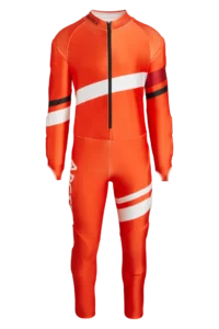 Front view of the Arctica Zenith GS Suit in Volcano with diagonal white, dark red and black stripes.