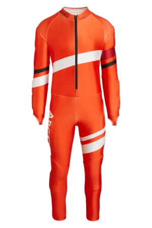 Front view of the Arctica Zenith GS Suit in Volcano with diagonal white, dark red and black stripes.