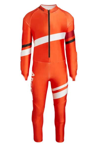 Front view of the Arctica Zenith GS Suit in Volcano with diagonal white, dark red and black stripes.