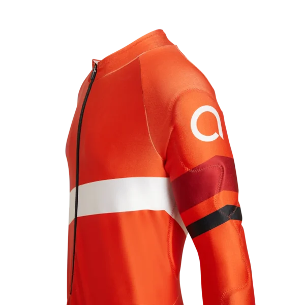 Close-up of the white Arctica logo and dark red and black bands on the sleeve of the Arctica Zenith GS Suit in Volcano.