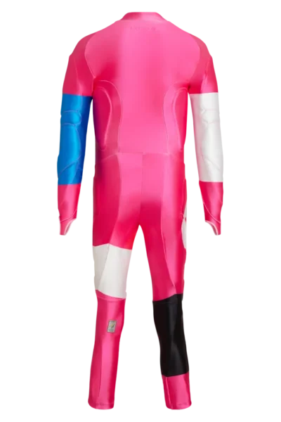 Back view of the Arctica Inertia GS Suit in Hot Pink with blue and white sleeve panels and a black lower-leg panel.