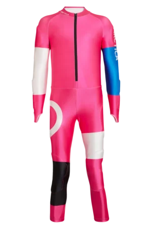 Front view of the Arctica Inertia GS Suit in Hot Pink with white, blue and black color-block panels.