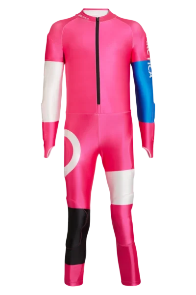 Front view of the Arctica Inertia GS Suit in Hot Pink with white, blue and black color-block panels.