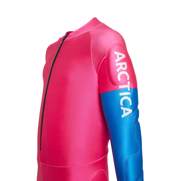 Close-up of the white Arctica wordmark on the pink and blue sleeve of the Arctica Inertia GS Suit in Hot Pink.