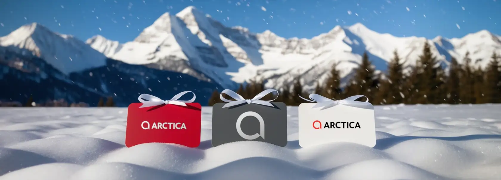 Three Arctica gift cards in the snow with snowy mountains in the background