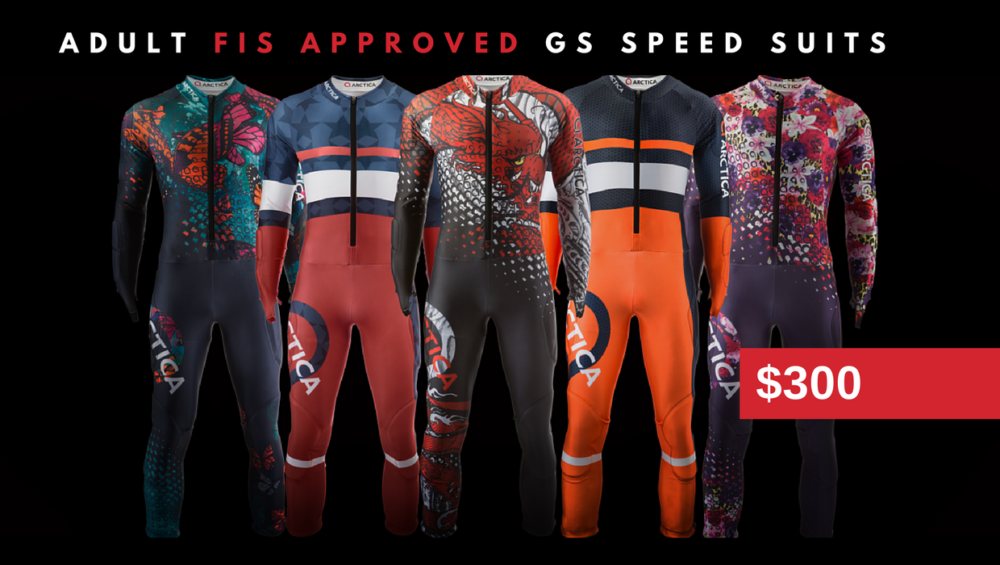 At Arctica you don't need a President's Day sale to afford one of our race suits. Adult FIS approved GS Speed Suits are $300 every day.
