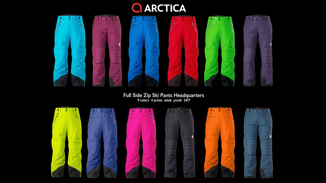 A large selection of Arctica ski pants.