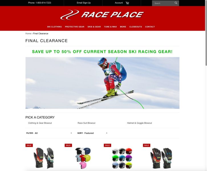 New ski racing gear on clearance at The Race Place in Bend, Oregon.