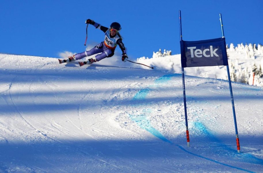U14 Sun Peaks ski racer on the attack ski racing in British Columbia, Canada. 
