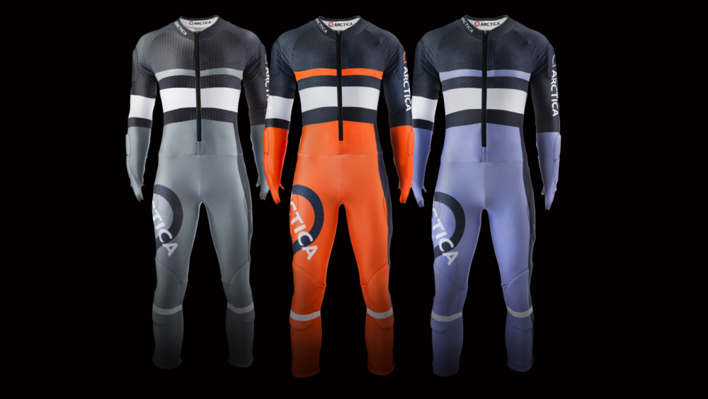 Arctica Racer Raceflex GS Speed Suits in charcoal, Orange and lilac.